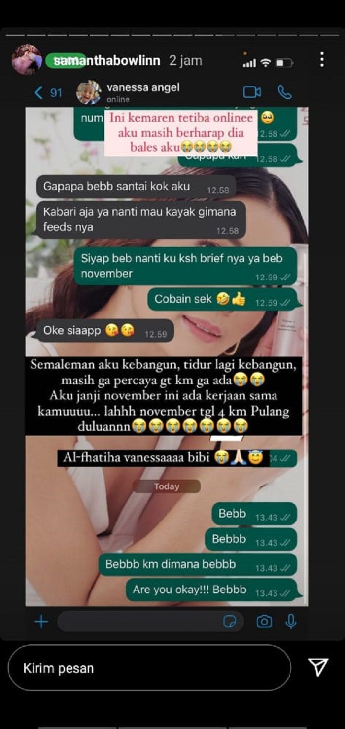 Unggahan chat sahabat Vanessa Angel, Samanta Bowlin.