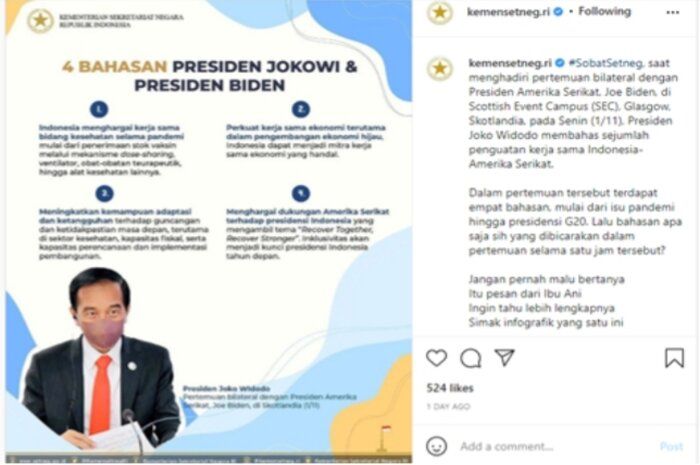 Postingan Instagram Kementerian Sekretariat Negara.