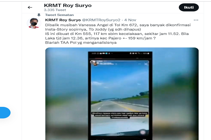 Tangkapan layar unggahan Twitter Roy Suryo.