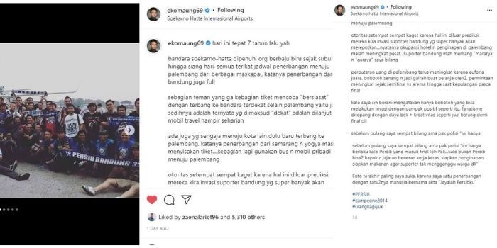 Eko Maung menceritakan antusiasme Bobotoh Persib Bandung saat menyaksikan tim kesayangannya bertanding final di Palembang 7 tahun silam.
