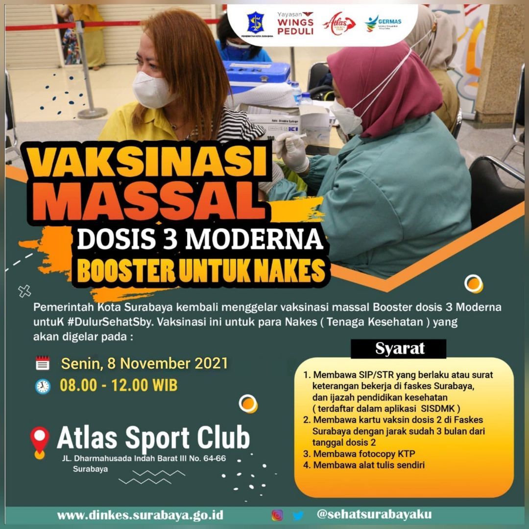 Vaksinasi Massal Surabaya Dosis 3 Moderna Booster untuk Tenaga Kesehatan, Senin 8 November