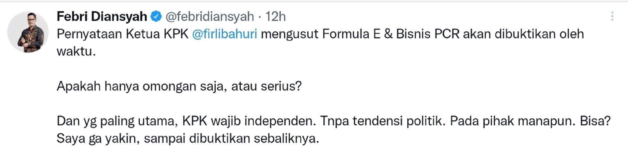 Cuitan Febri Diansyah soal janji Ketua KPK Firli Bahuri.
