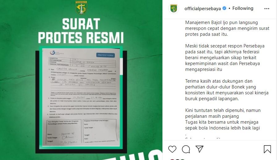 Surat protes yang diunggah Official Persebaya Surabaya