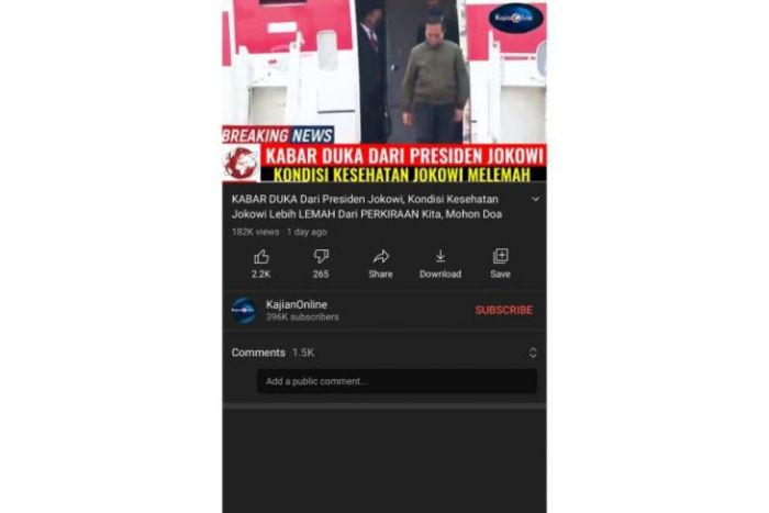 Tangkapan layar video YouTube yang menyebut kondisi kesehatan Jokowi melemah.