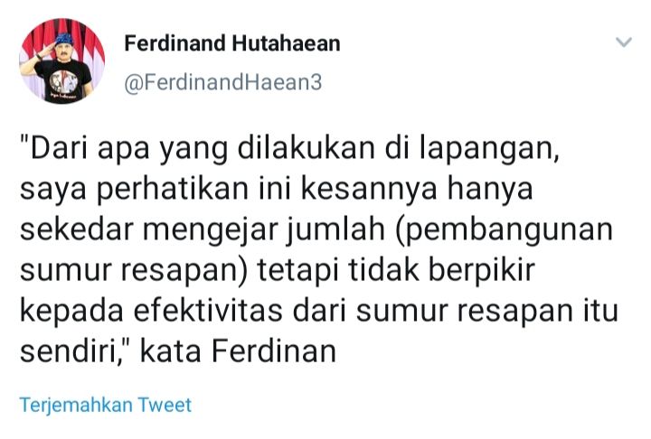 Bicara DKI Jakarta bangun ribuan sumur resapan, Ferdinand Hutahaean beri komentar begini, bahwa ini menyangkut efektivitas.