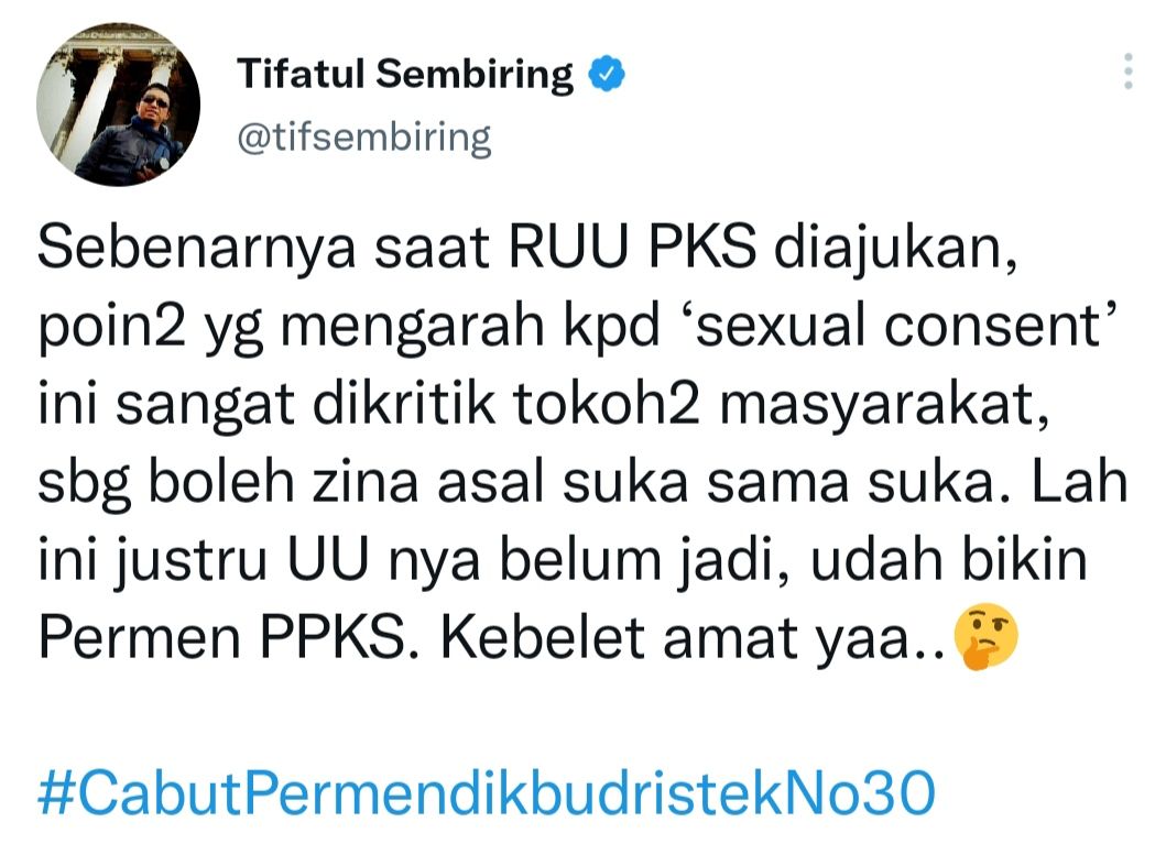 Unggahan milik Tifatul Sembiring kritik Permendikbudristek