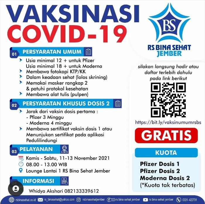 Info Vaksinasi Covid 19 Untuk Umum Di Rs Bina Sehat Jember 12 13 November 2021 Kabar Lumajang