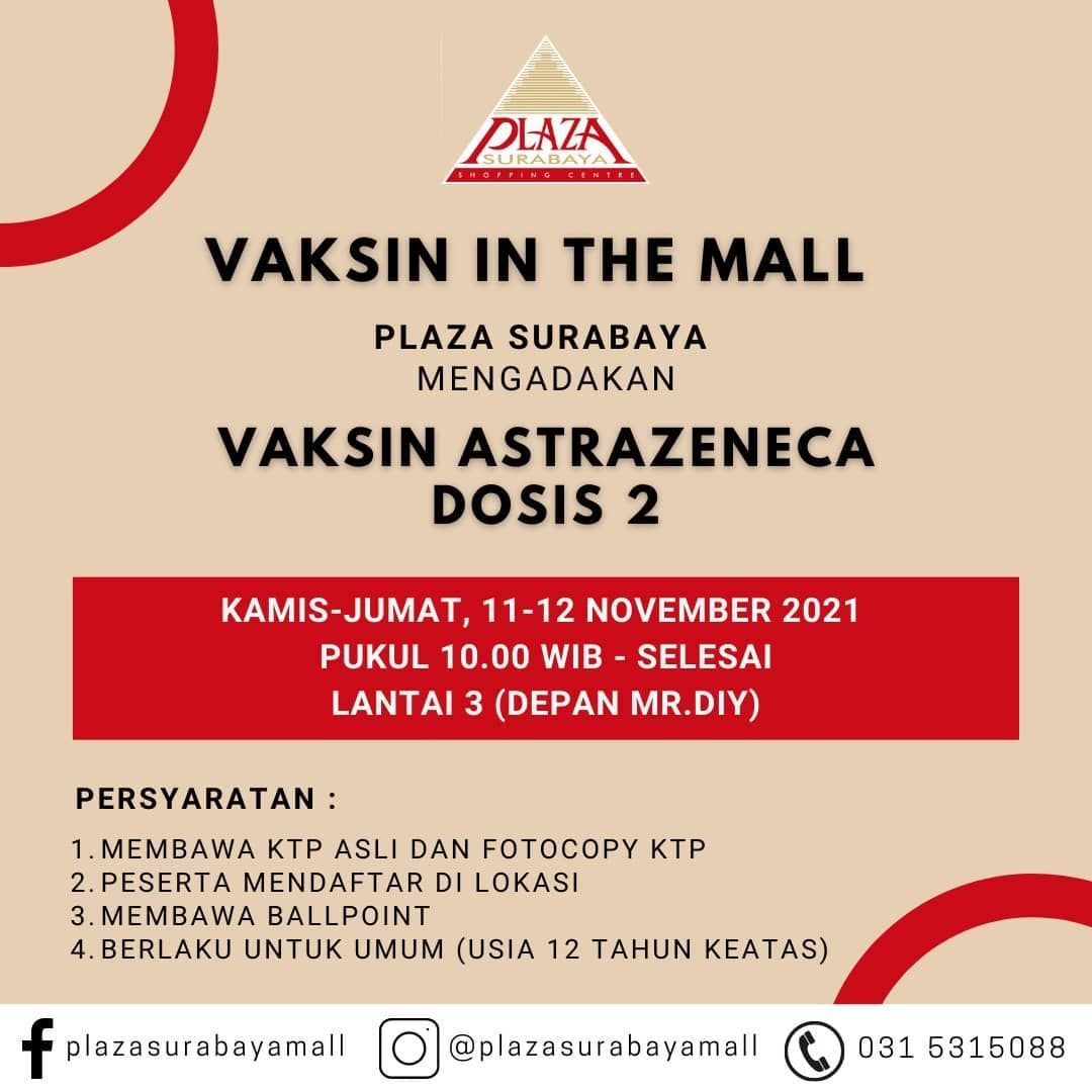 Info Vaksin Mall Delta Plaza Surabaya, Dosis 2 AstraZeneca, Kamis-Jumat 11-12 November 2021