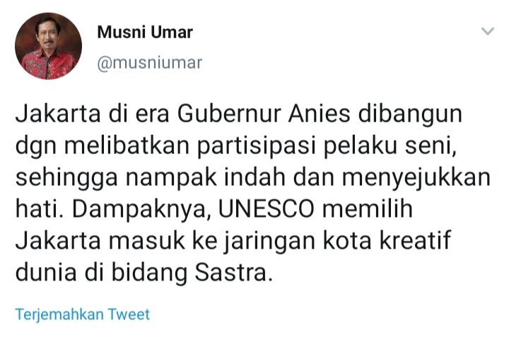 Cuitan Musni Umar terkait penobatan Jakarta sebagai kota kreatif dunia untuk literasi oleh UNESCO