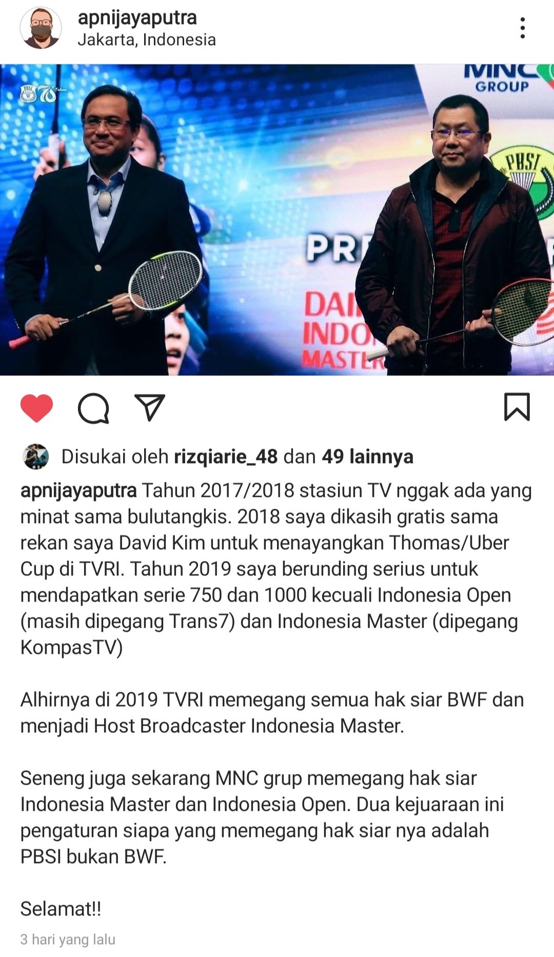 Apni Jaya Putra Ucapkan Selamat untuk MNC Group yang Akan Menyiarkan Indonesia Masters dan Indonesia Open 2021