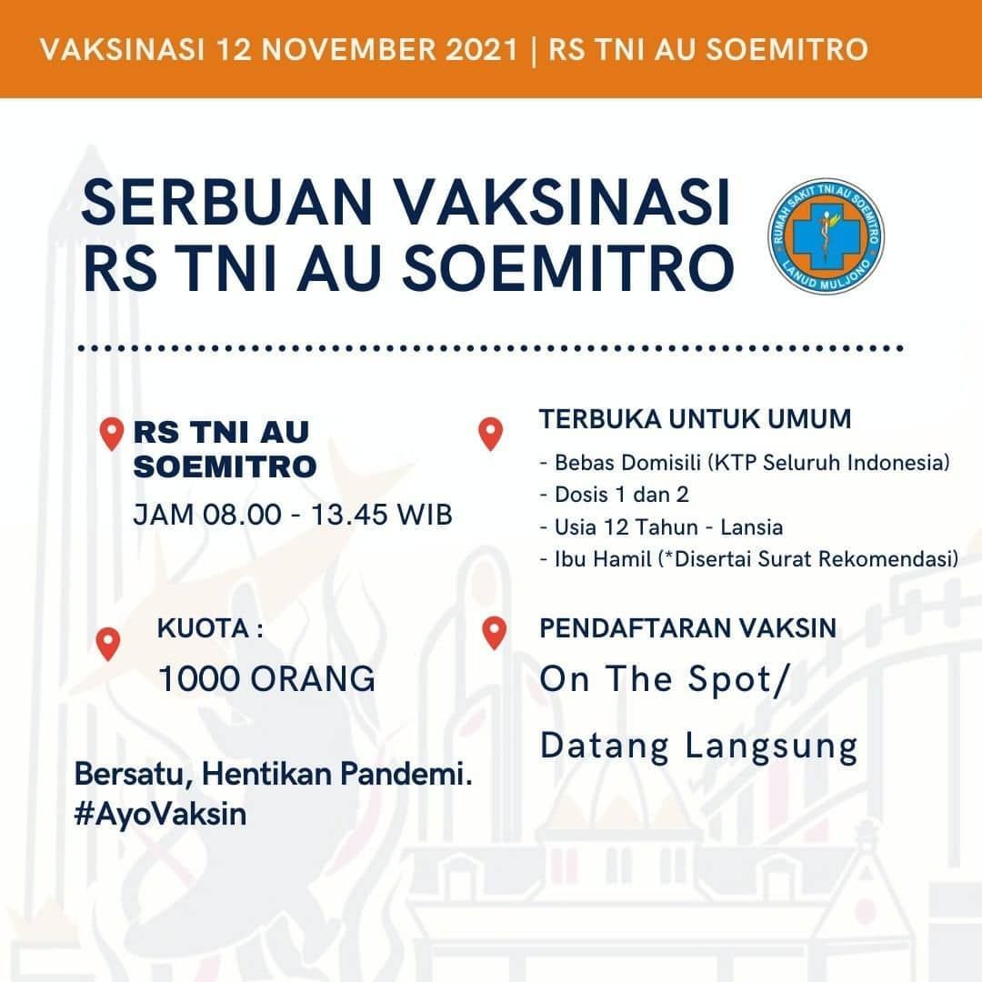 Info Vaksin Sinovac di RS TNI AU Soemitro Surabaya Kuota 1000 Bebas Domisili, Jumat 12 November 2021