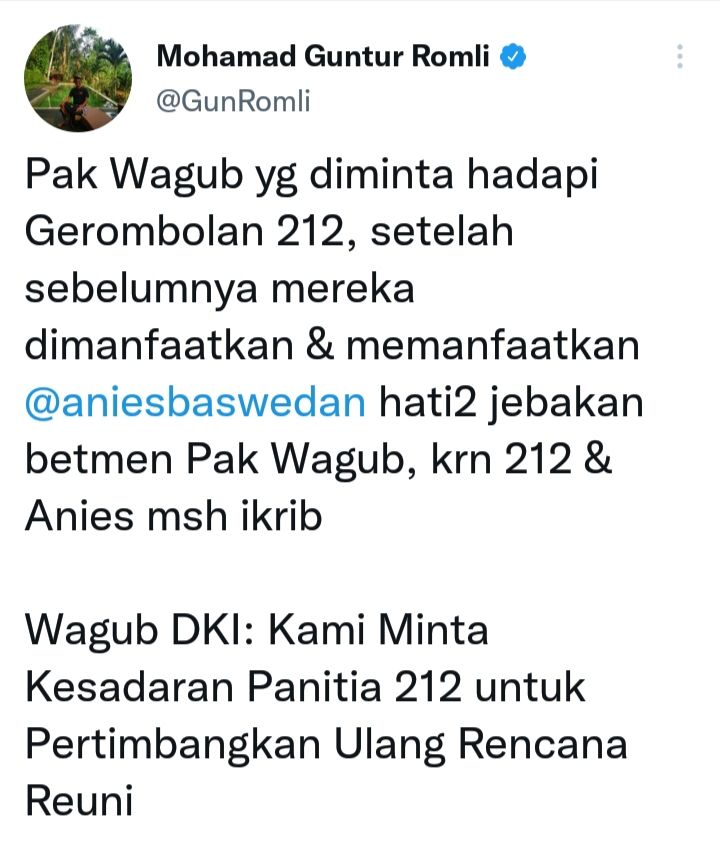 Wagub DKI Ahmad Riza Patria meminta kesadaran panitia Reuni 212, tetapi Guntur Romli sebut hati-hati adanya jebakan.