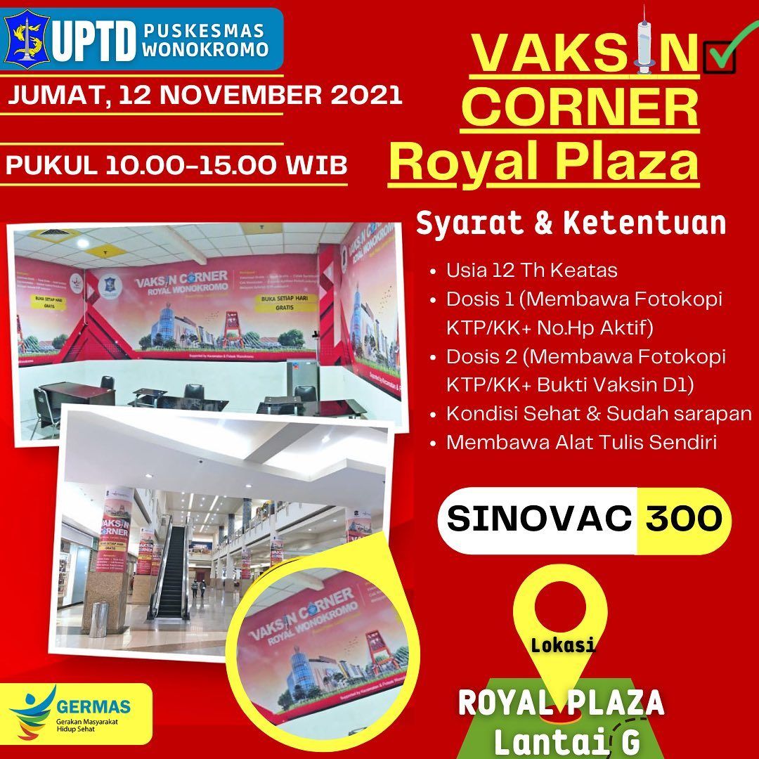 Info Vaksin Covid-19 di Royal Plaza Surabaya, Jumat 12 November 2021, Kuota Terbatas