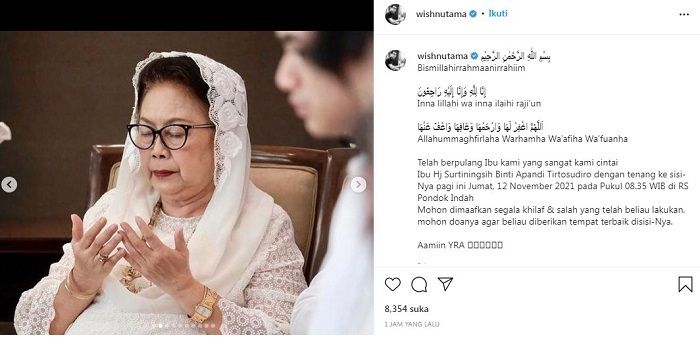 Unggahan postingan Instagram Wishnutama yang mengabarkan jika sang ibundanya meninggal dunia Jumat pagi, 12 November 2021 di RS Pondok Indah