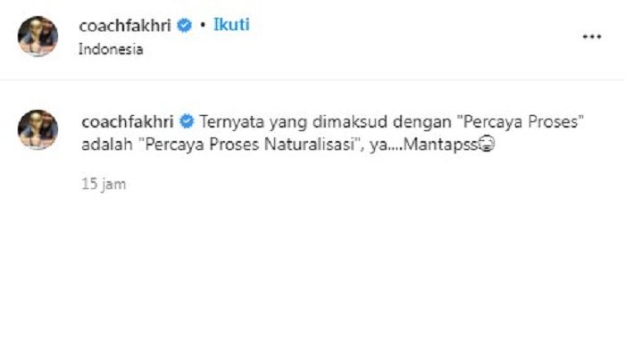 Postingan Instagram Fakhri Husaini yang menyindir pemanggilan empat pemain keturunan untuk membela Timnas Indonesia