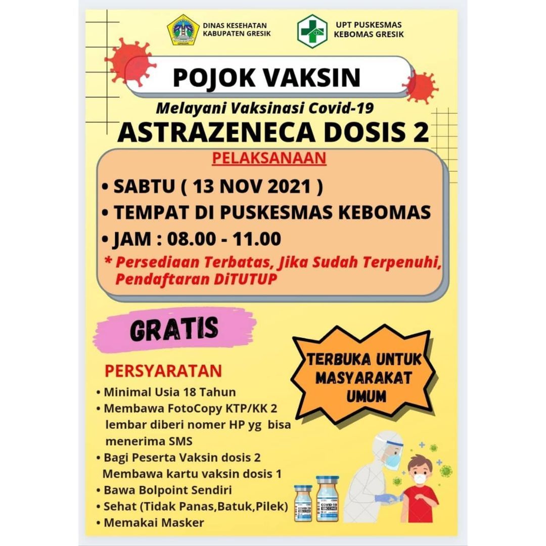 Simak Info Vaksin Gresik Hari ini Sabtu 13 November 2021 di Puskesmas Kebomas, Dosis 2 AstraZeneca