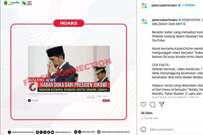 Beredar kabar hoaks yang menyebutkan kondisi kesehatan Jokowi melemah