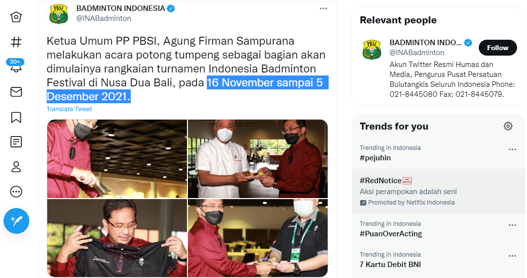 Indonesia Badminton Festival 2021  16 November-5 Desember 2021