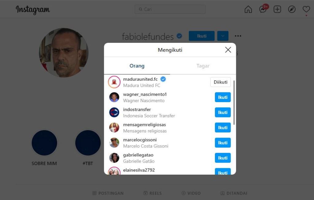 Tangkap Layar Instagram Fabio Araujo Lefundes terpantau mengikuti akun @maduraunited.fc