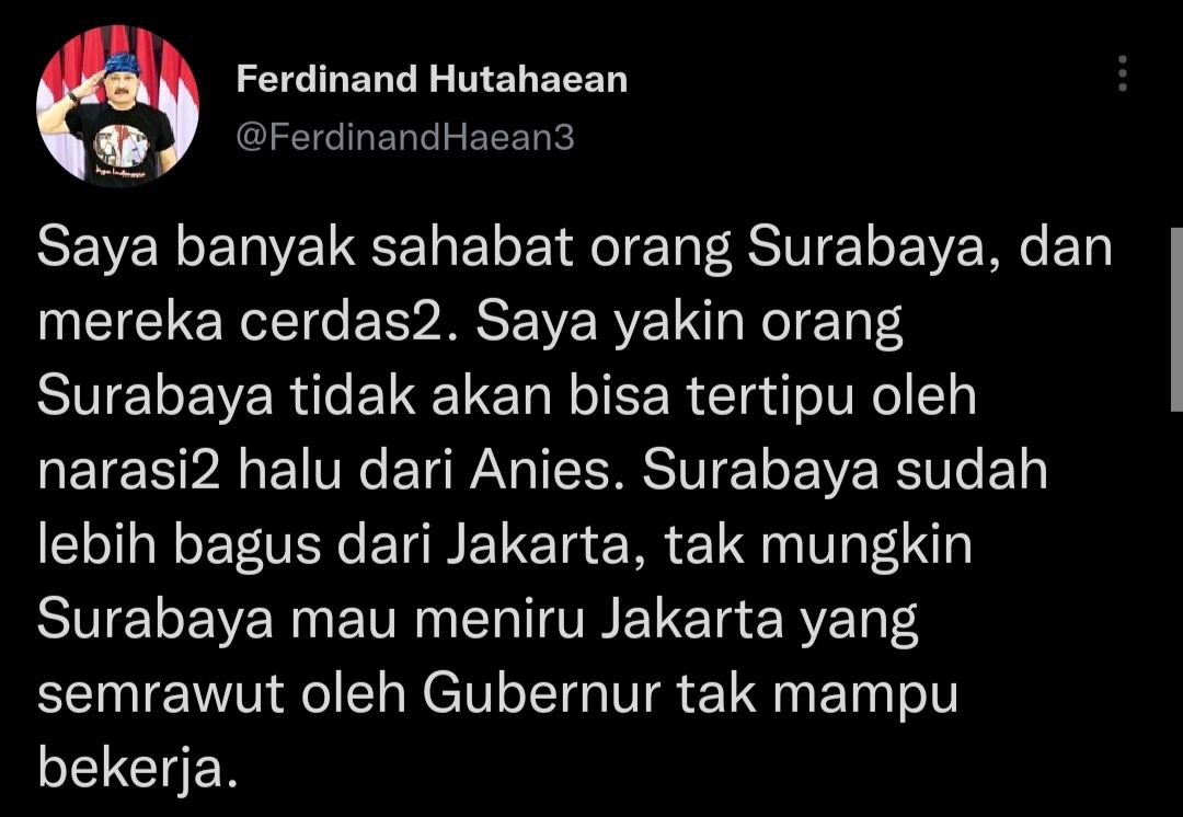 Cuitan Ferdinand Hutahaean yang sindir Anies Baswedan usai bagikan tips keberhasilan majukan DKI Jakarta saat acara di Surabaya.