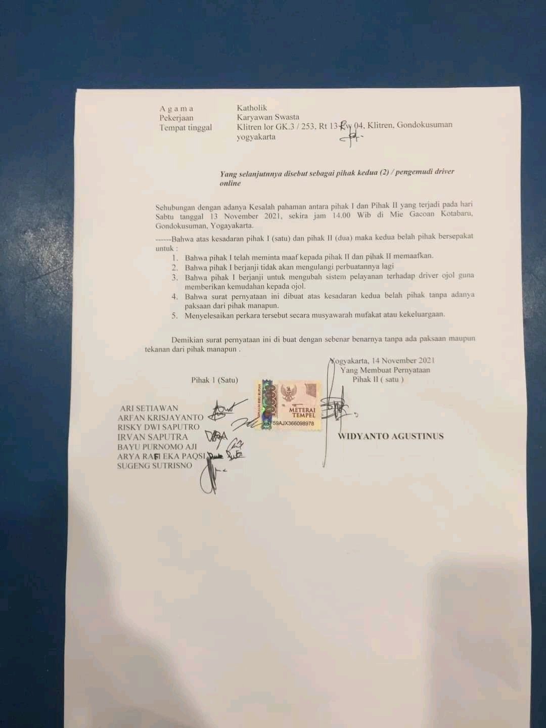surat pernyataan dari ojol dan Mie Gacoan Jogja.