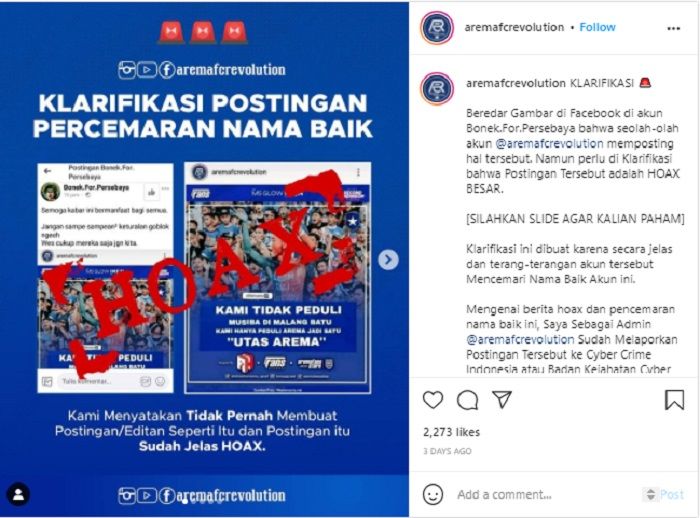 Admin akun @aremafcrevolution memberikan klarifikasi soal hoaks unggahan suporter Arema tidak peduli bencana di Batu, Malang.*