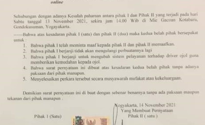 Keputusan bersama manajemen dengan driver ojek online kasus Mie Gacoan Kotabaru Yogyakarta. /twitter/@merapi_uncover