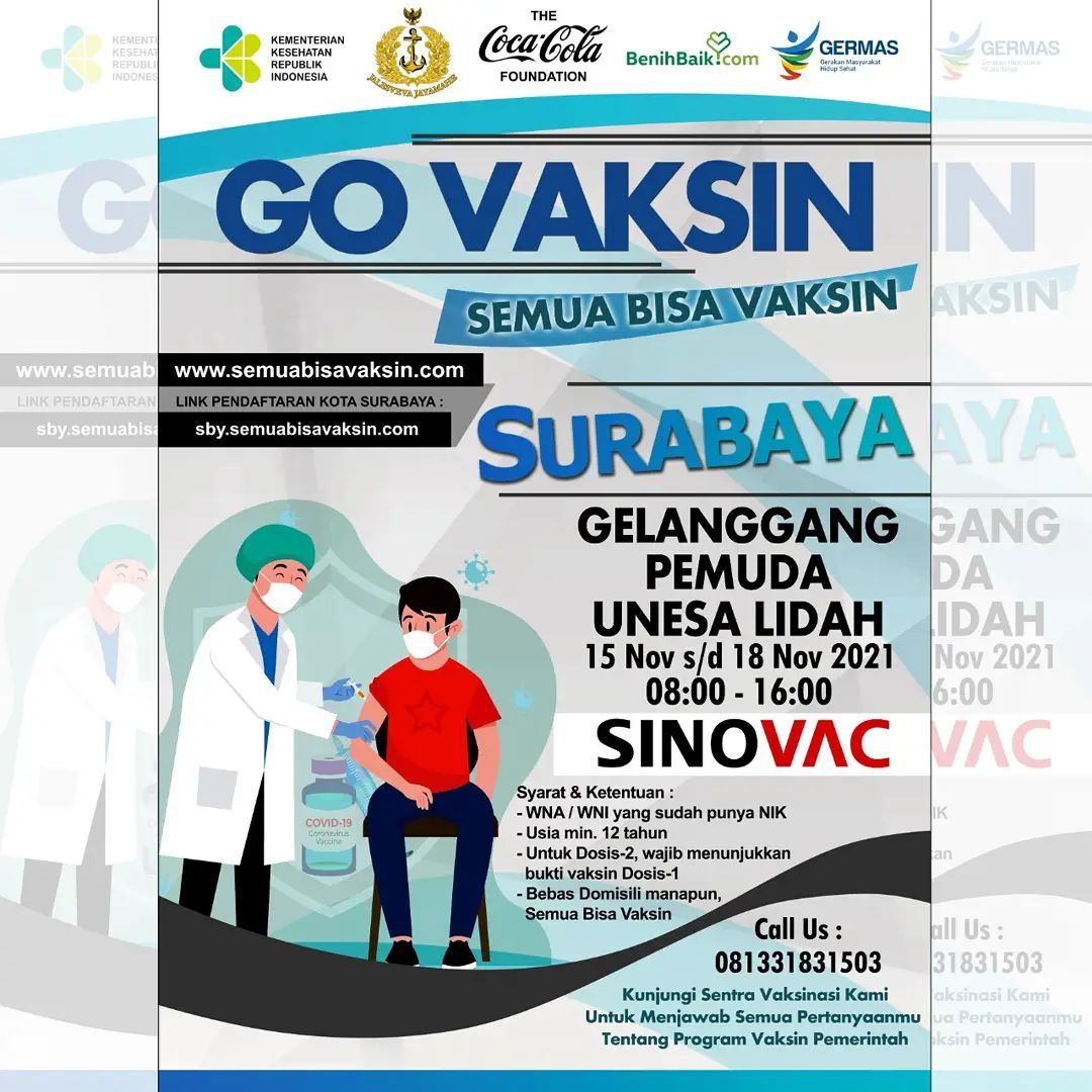Go Vaksin di Gelanggang Unesa Surabaya 15-18 November 2021, Bebas Domisili, WNA pun Boleh Daftar, Simak Syaratnya!