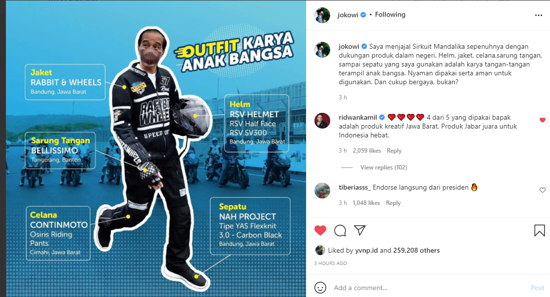 Atribut balap yang dikenakan Presiden Jokowi saat menjajal Sirkuit Mandalika, NTB berasal dari produk lokal Provinsi Jawa Barat dan Banten./