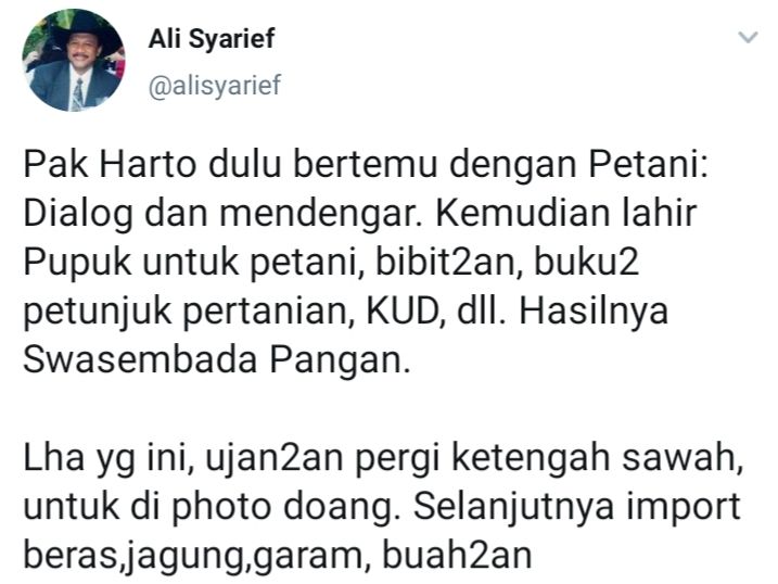 Cuitan Ali Syarief sindir Puan Maharani yang menanam padi saat hujan dengan membandingkan kunjungan Soeharto ke para petani.