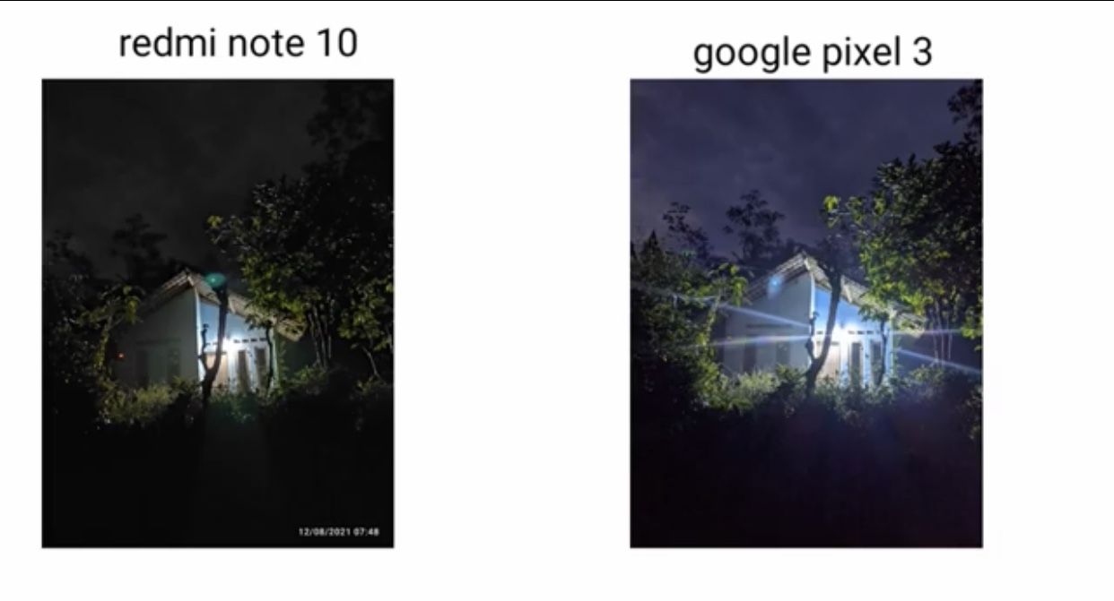 Contoh hasil foto low ligh kamera Redmi Note 10 dan Google Pixel 3.