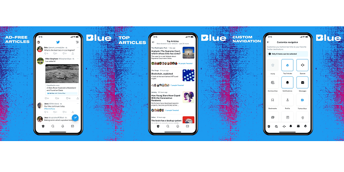 Fitur-fitur yang terdapat di dalam Twitter Blue, yaitu artikel bebas iklan, artikel terbaru dalam kurun waktu 24 jam terakhir, serta kostumisasi.