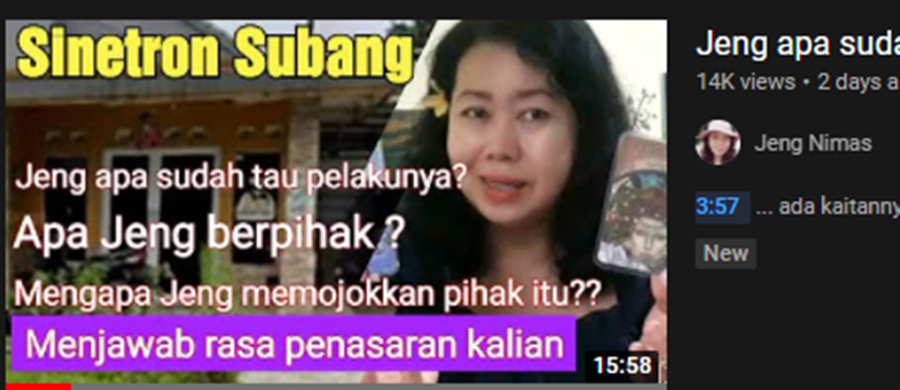Salah satu tayangan YouTube yang menilai kasus pembunuhan ibu dan anak di Subang dgn tulisan sinetron