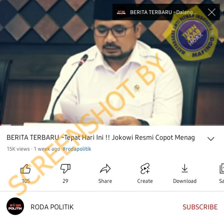 HOAKS - Beredar sebuah video yang menyebut jika Jokowi mencopot Menteri Agama (Menag) Yaqut Cholil Qoumas.*