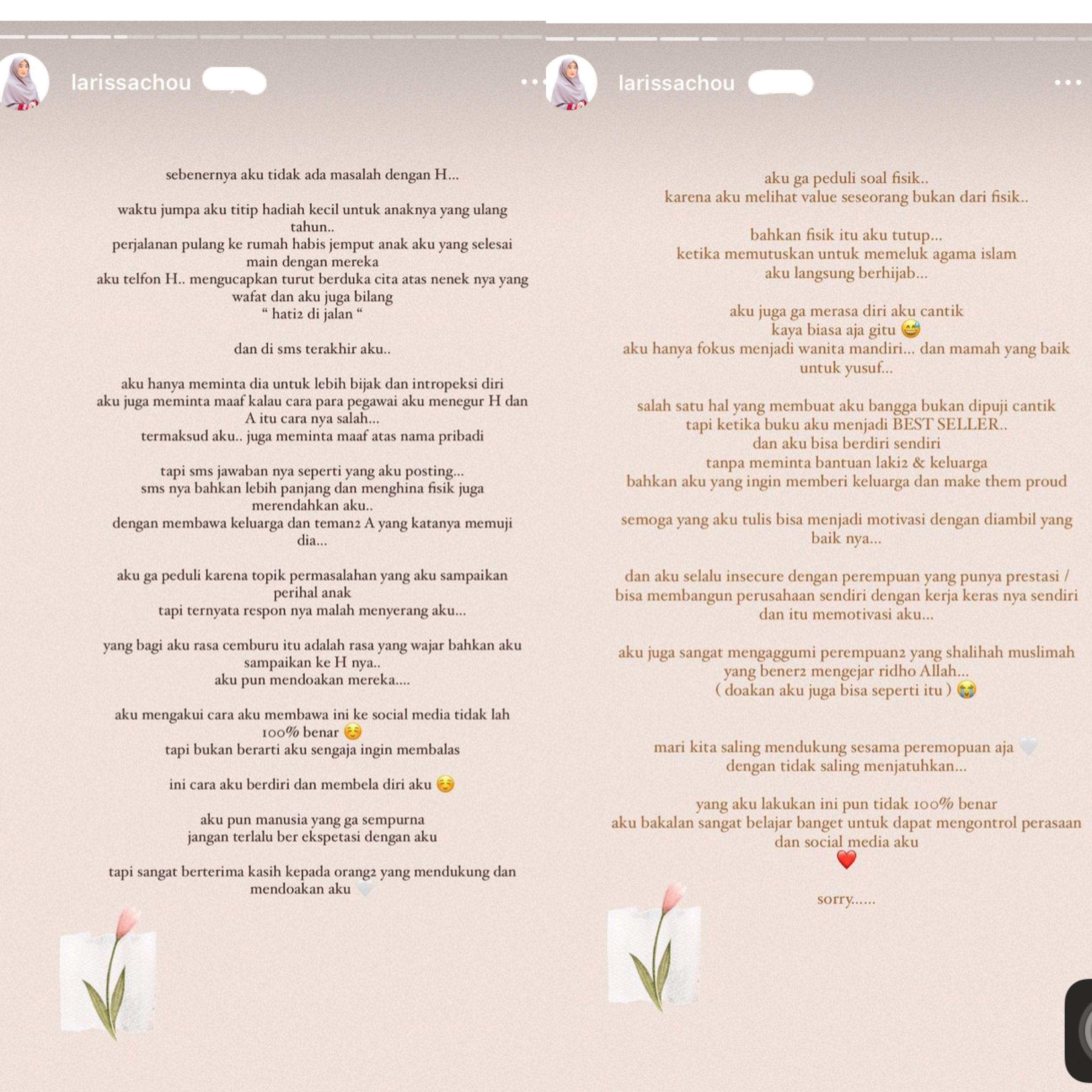 Unggahan Larissa Chou tentang kronologi pesan singkat dari Henny Rahman. Tangkapan layar instagram @larissachou