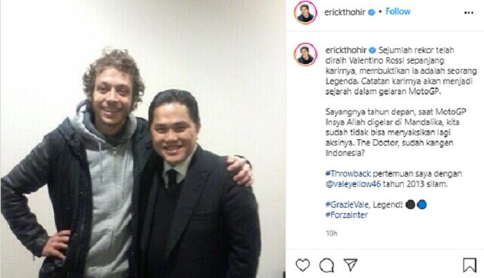 Erick Thohir mengunggah foto kenangan dan mengungkapkan kesedihan lantaran Valentino Rossi tidak bisa bermain di Mandalika usai pensiun.*