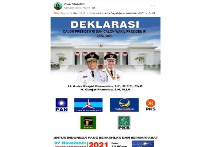 Tangkapan layar hoaks poster deklarasi Anies-Ganjar sebagai capres dan cawapres 2024. (Facebook)