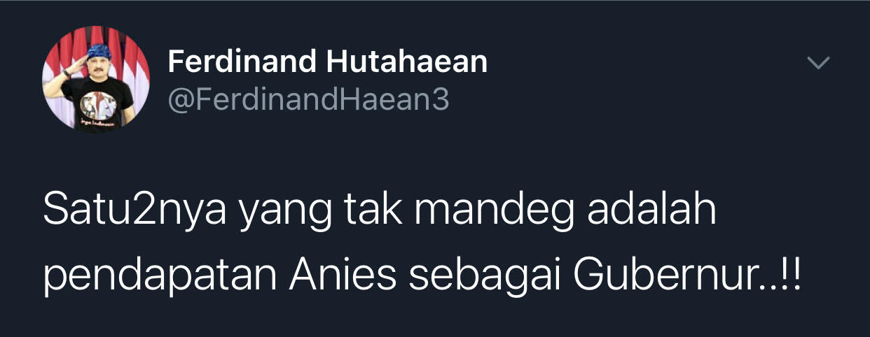 Cuitan Ferdinand Hutahaean yang mengungkapkan satu-satu hal yang tidak mandek saat Anies Baswedan menjabat Gubernur DKI Jakarta.