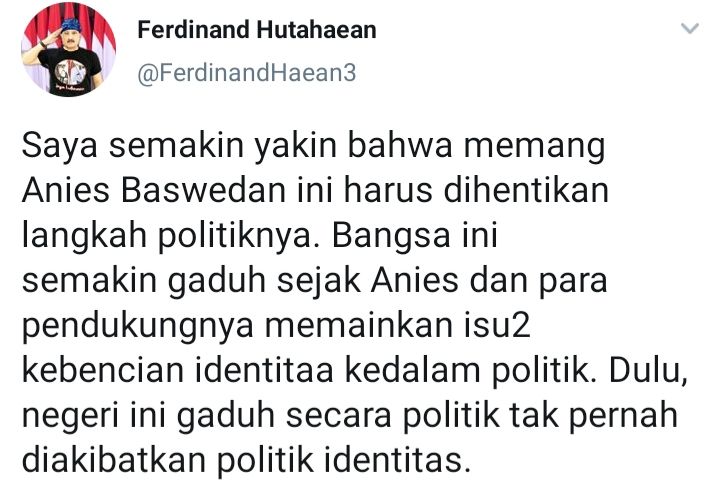 Cuitan Ferdinand Hutahaean terkait kedekatan Farid Okbah dan Anies Baswedan. Tangkap layar Twitter @FerdinandHaean3