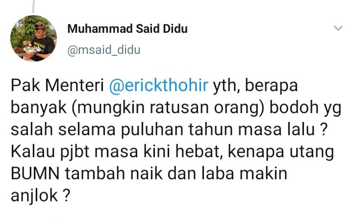 Erick Thohir sebut kesalahan Garuda Indonesia sudah sejak puluhan tahun lalu, tetapi Said Didu heran utang BUMN makin tambah.