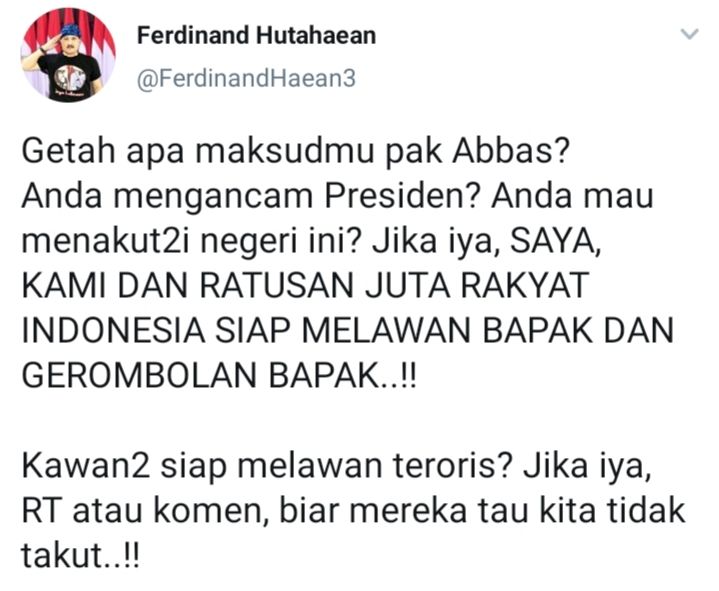 Anwar Abbas sebut Jokowi akan kena getah soal tindakan Densus 88, tetapi Ferdinand Hutahaean sebut itu serupa ancam Presiden.