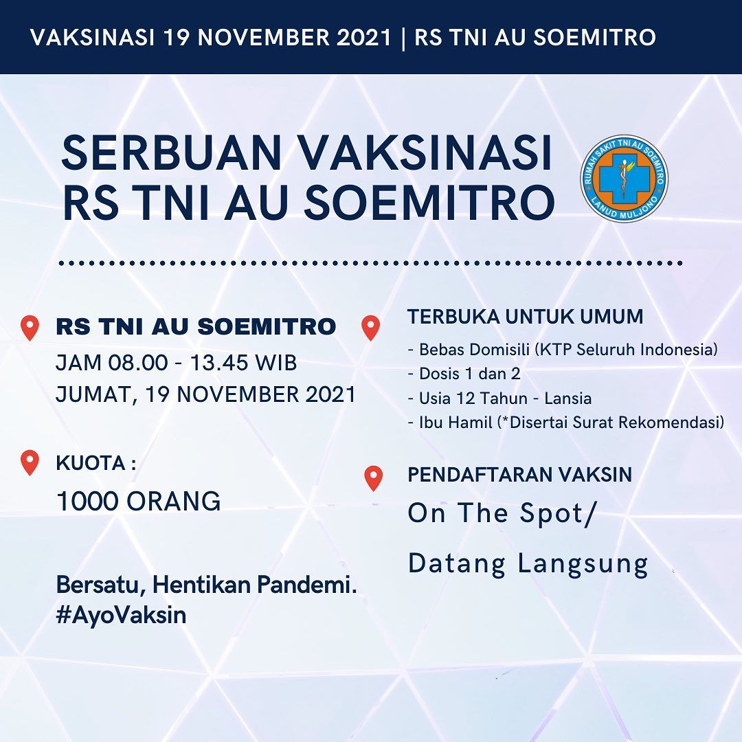 Info Vaksin Kuota 1000 di Rumah Sakit TNI AU Soemitro Surabaya, Jumat 19 November 2021
