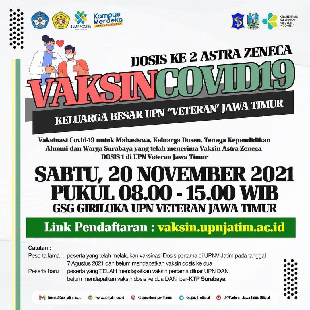 Info Vaksin Covid-19 di UPN Veteran Jawa Timur Surabaya, Dosis 2 AstraZeneca, Sabtu 20 November 2021