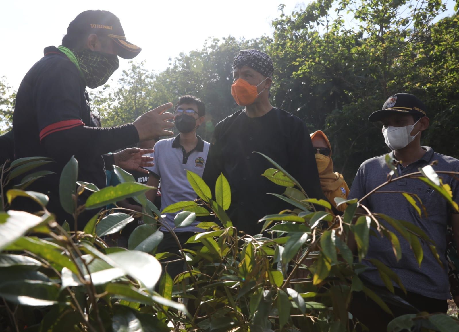 Gubernur Ganjar Pranowo bersama warga melakukan penanaman pohon penghijauan untuk pemulihan ekosistem hutan rakyat di kawasan aliran Sungai Serayu di Desa Pesanggrahan, Cilacap, Kamis, 18 November 2021
