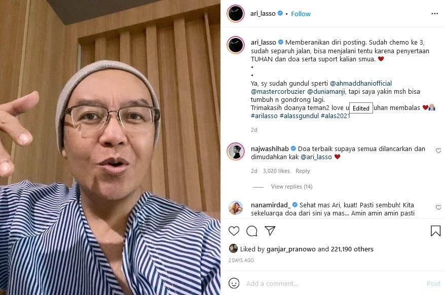 Unggahan Ari Lasso tentang kondisinya di akun Instagram pribadinya.