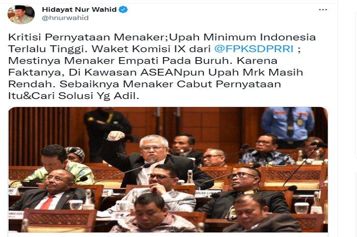 Tangkapan layar unggahan Twitter Hidayat Nur Wahid. 