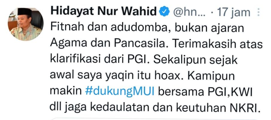 Hidayat Nur Wahid menanggapi pencatutan nama Persekutuan Gereja-gereja di Indonesia (PGI) sebagai alat provokasi pembubaran MUI.*