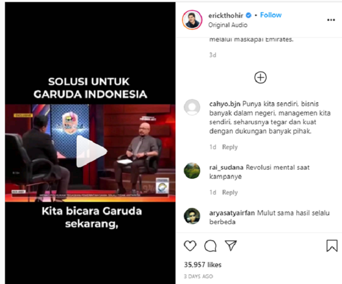 Erick Thohir mengungkapkan fakta mengejutkan di balik kabar Garuda Indonesia diambang kehancuran usai tekor Rp10 triliun.*
