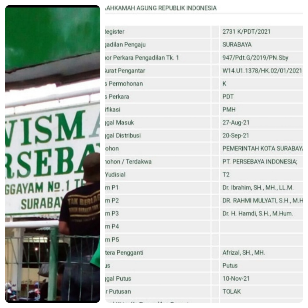Informasi putusan MA yang disebut menolak kasasi Pemkot Surabaya terkait sengketa Wisma Persebaya