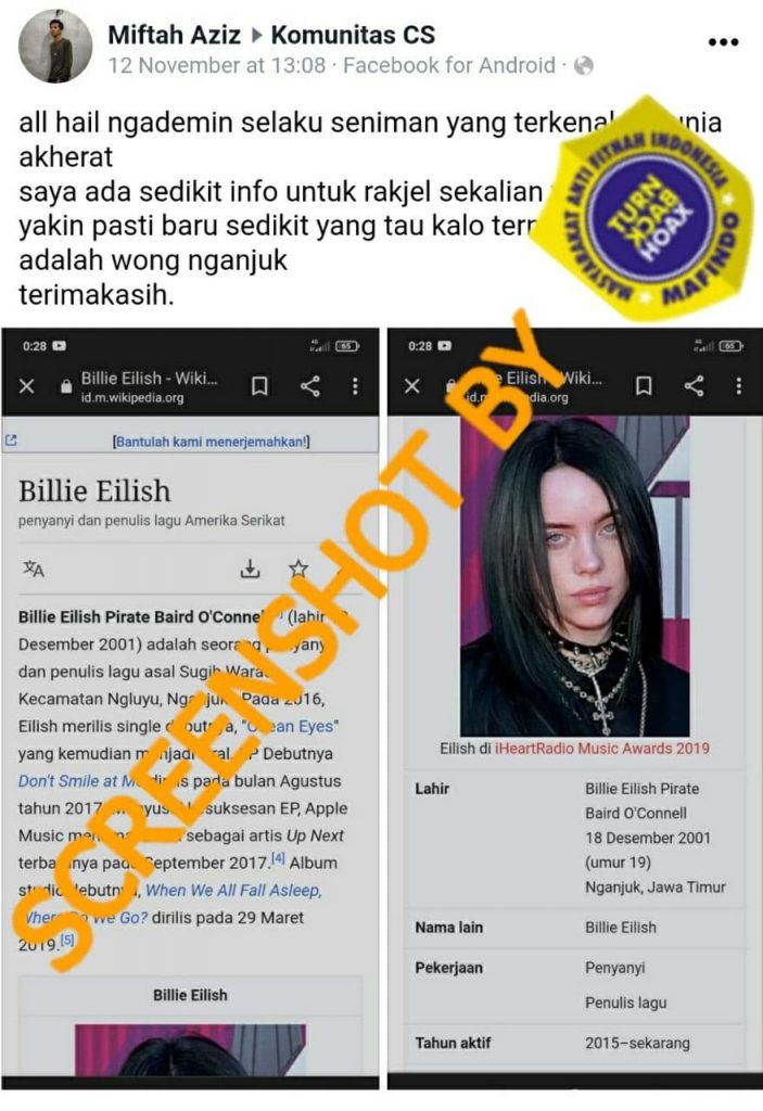 HOAKS - Beredar kabar jika penyanyi asal California, Amerika Serikat, Billie Eilish lahir di Nganjuk, Jawa Timur.*